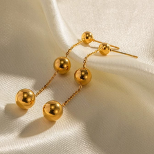 Stainless steel three round bead long tassel earrings
