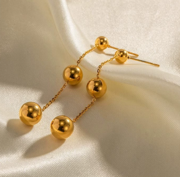 Stainless steel three round bead long tassel earrings
