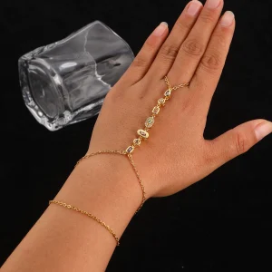 Boho Multicolor CZ Slave Bracelet, Gold Plated Hand Chain Finger Ring, Aesthetic Jewelry for Teen Girls & Festival Wear