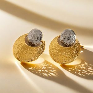 Hammered Two-Tone Half Moon Stud Earrings for Women, 18K Gold/Silver Plated Textured Crescent Earrings, Boho Statement Jewelry for Gifts