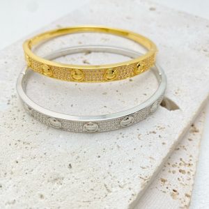 Luxury Cartier Inspired Love Bangle Paved CZ Screw Detail Gold Silver Bracelet