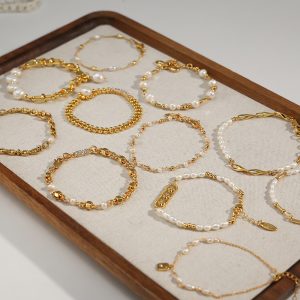 Assorted Gold Plated Bracelet Set for Women, Pearl/Chain/Link Bracelets, Minimalist to Statement Jewelry for Stacking & Gifts