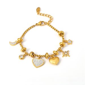 Dainty Moon Star Heart CZ Charm Bracelet for Women, 18K Gold/Silver Plated Multi-Charm Beaded Bracelet, Cute Aesthetic Jewelry for Gifts