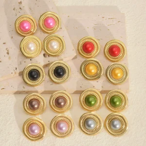 Vintage Gold Plated Pearl Stud Earrings for Women, Stainless Steel Multi-Color Round Button Earrings, Retro Statement Jewelry for Gifts