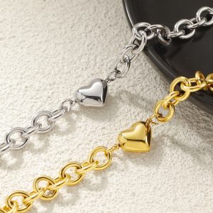 Chunky Puffed Heart Chain Necklace/Bracelet for Women, 18K Gold/Silver Plated Bold Link Chain, Statement Jewelry for Gifts