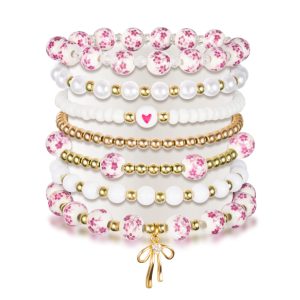 Boho Pink Cherry Blossom Beaded Bracelet Set for Women, Handmade Ceramic Flower Bead Stackable Bracelets, Cute Aesthetic Jewelry for Gifts