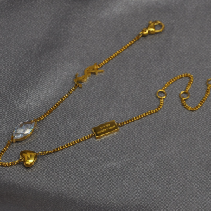 Wholesale 18K Gold Plated YSL Logo Monogram Bracelet,Dainty CZ Crystal & Heart Charm YSL Bracelet High Quality Stainless Steel Fashion Jewelry for Boutiques & Resale