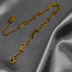 Wholesale 18K Gold Filled YSL Logo Bracelet, Minimalist YSL Monogram Cuban Chain Ankle Bracelet, Tarnish Free Stainless Steel Jewelry for Bulk Purchase
