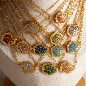 Wholesale 18K Gold Plated Multi-Color CZ Hexagon Pendant Necklace, Paved Crystal Stainless Steel Chain Necklace, Tarnish Free Fashion Jewelry for Bulk Purchase