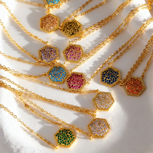 Elegant Multi-Color Gemstone Hexagon Pendant Necklace, Full Paved Crystal Stainless Steel Chain, Jewelry Wholesale Supplier