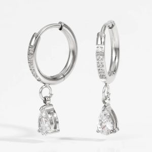 Teardrop CZ Huggie Hoop Earrings, Gold/Silver Plated Pear Shape CZ Dangle Earrings, Elegant Statement Jewelry for Parties & Weddings