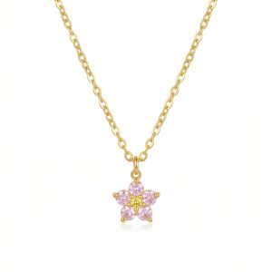 Tiny Pink Cubic Zirconia Flower Charm Necklace, Gold Tone Floral Pendant Necklace, Trendy Aesthetic Jewelry for Teen Girls & Women