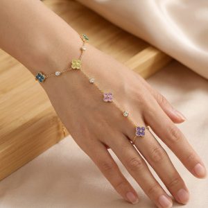 Pulsera de trébol de cuatro hojas con circonita 5A de diamante, acero inoxidable, chapada en oro de 18 quilates, cadena de cuentas para el dedo.